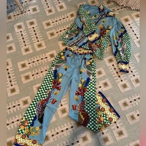 Colorful Floral & Peacock Print Two-Piece Set in Sky Blue & Green